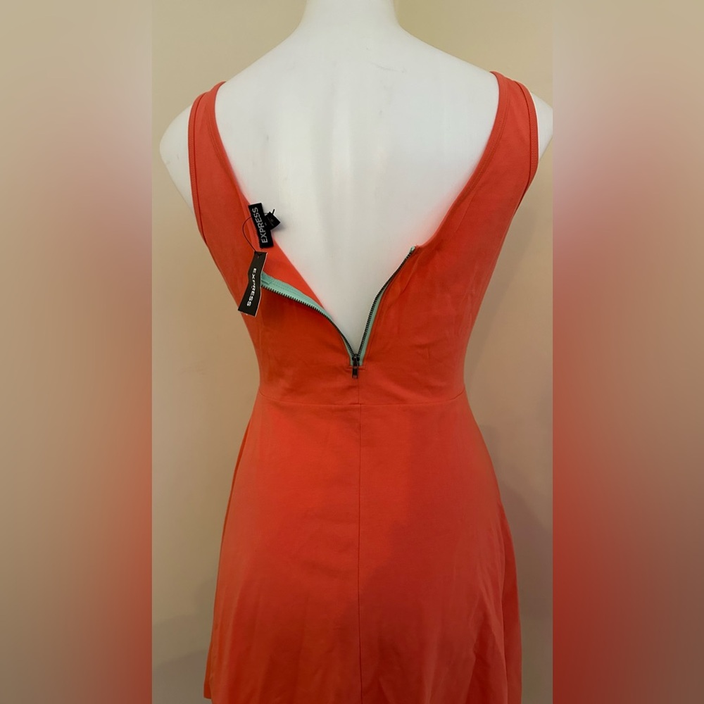 Express Vibrant Coral Mini Sleeveless Dress Exposed Green Silver Zipper Sz M/M - Picture 5 of 15